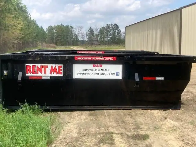 A photo of a black 15 yard dumpster rental from D&D Dumpster Services.